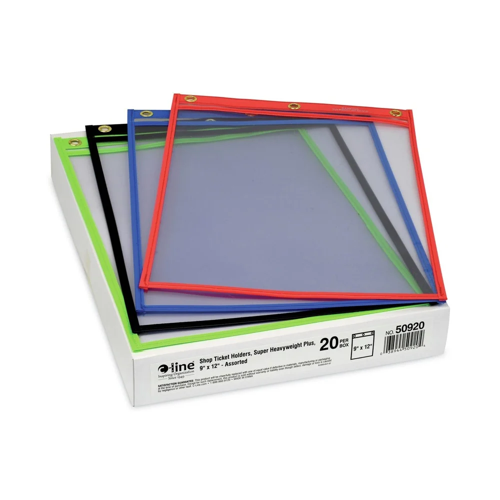C-Line Super Heavyweight Plus Top Load 9 in. x 12 in. Insert Stitched Shop Ticket Holders - Clear Front, Assorted Border Colors (20/Box)