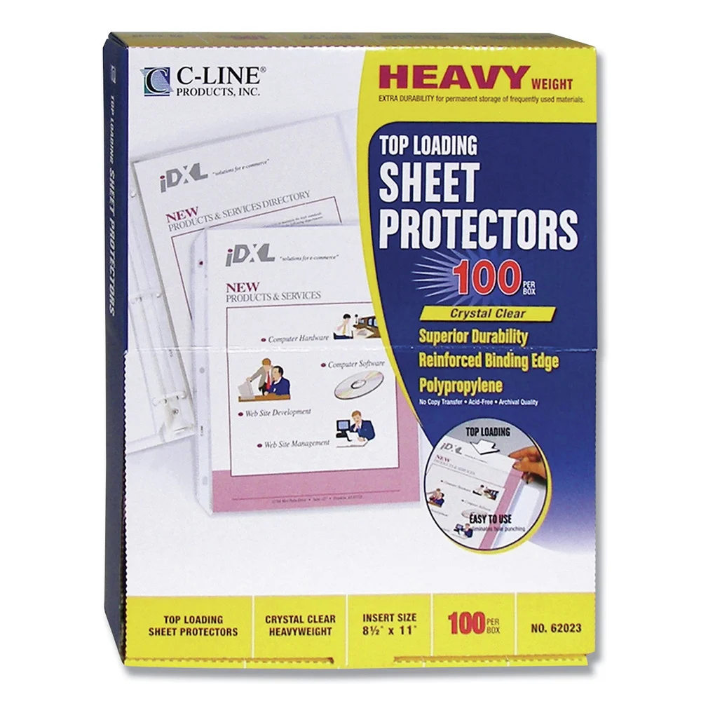 C-Line 3-Hole Punched Top Load 8.5 in. x 11 in. Insert Heavy-Duty Polypropylene Sheet Protectors - Clear Front (100/Box)