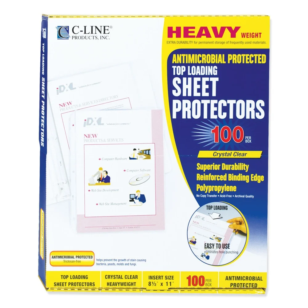 C-Line 62033 3-Hole Punched 8.5 in. x 11 in. Insert Heavy-Duty Polypropylene Sheet Protectors with Antimicrobial Protection - Clear (100/Box)