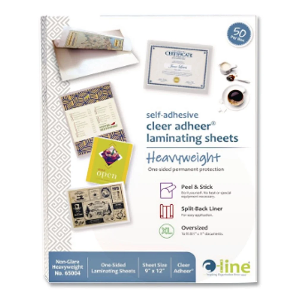 C-Line 2 mil 9 in. x 12 in. Cleer Adheer Self-Adhesive Laminating Film - Non-Glare Clear (50/Box)