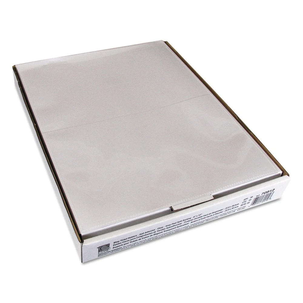 C-Line 70912 Super Heavy-Duty Top Load 9 in. x 12 in. Insert Self-Adhesive Poly Shop Ticket Holders - Clear Front (50/Box)