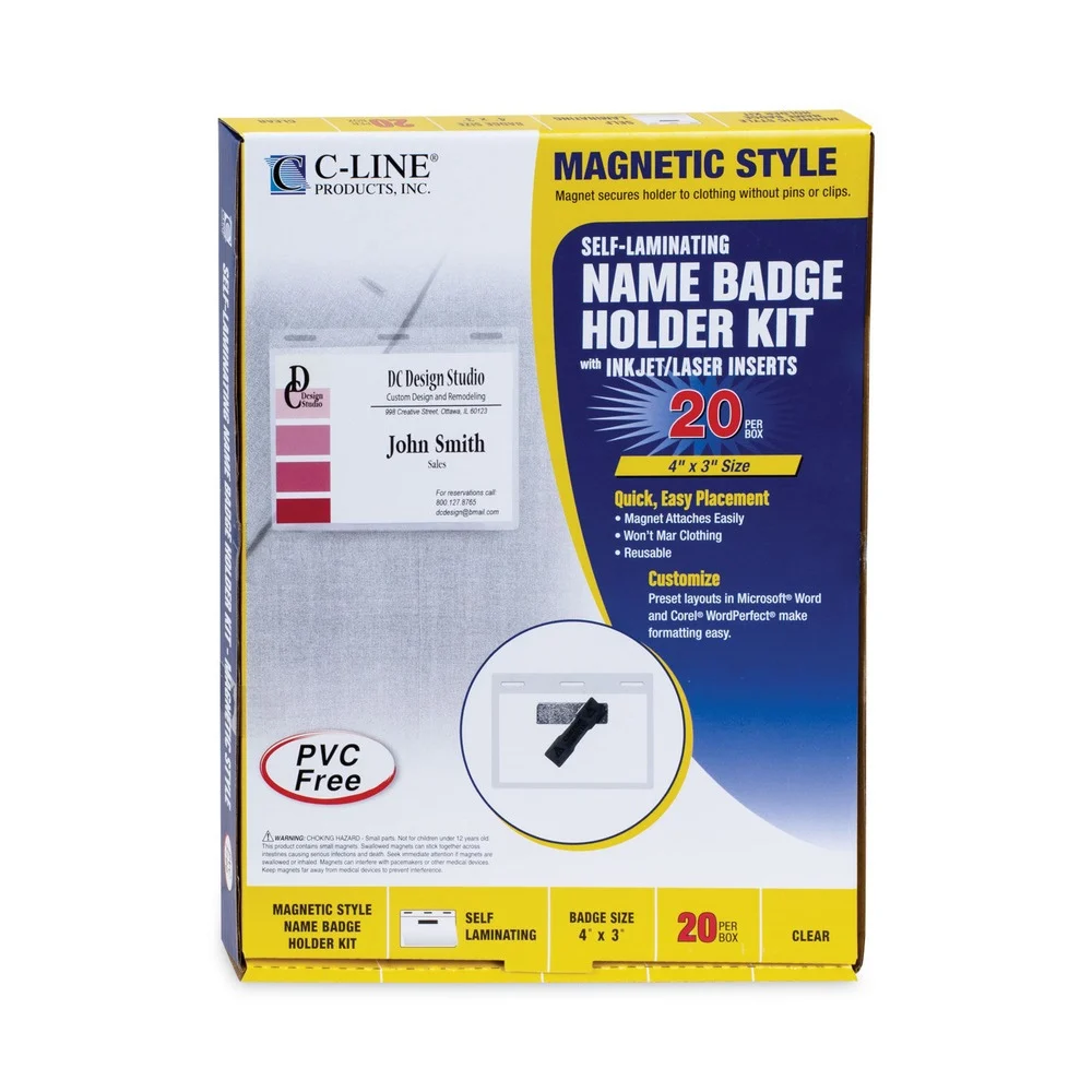 C-Line 3 in. x 4 in. Self-Laminating Magnetic Style Name Badge Holder Kit - Clear (20/Box)