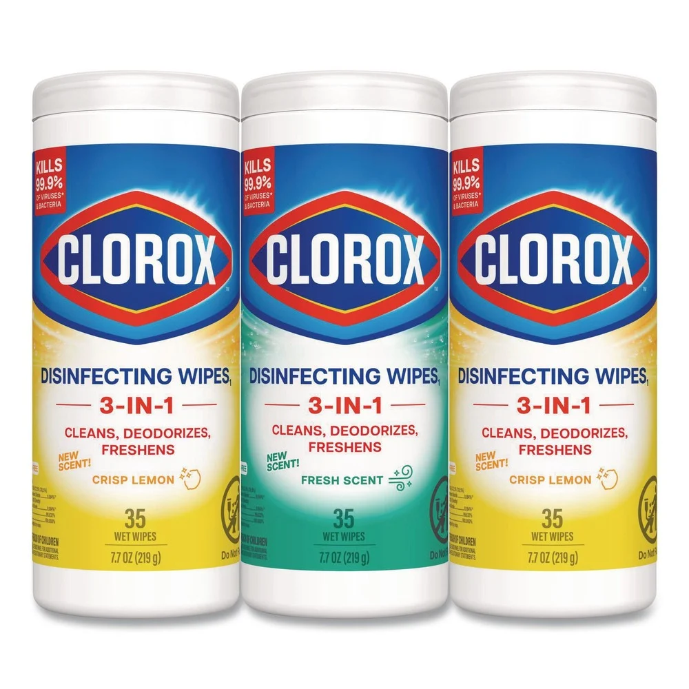 Clorox 7 in. x 8 in. 1-Ply Disinfecting Wipes - Fresh Scent/Citrus Blend, White (35/Canister, 3 Canisters/Pack)