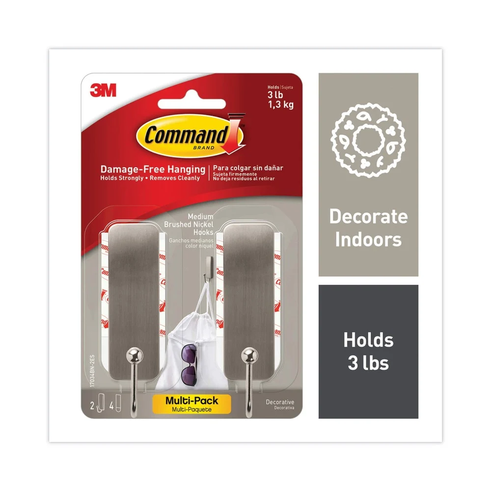 Command 3 lbs. Capacity Metal Decorative Hooks - Medium Brushed Nickel (2/Pack)