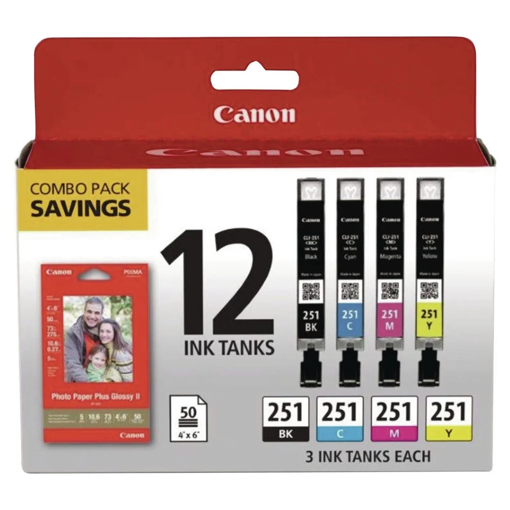 Canon (CLI-251) Ink/Paper Combo - Black/Cyan/Magenta/Yellow (12/Pack)