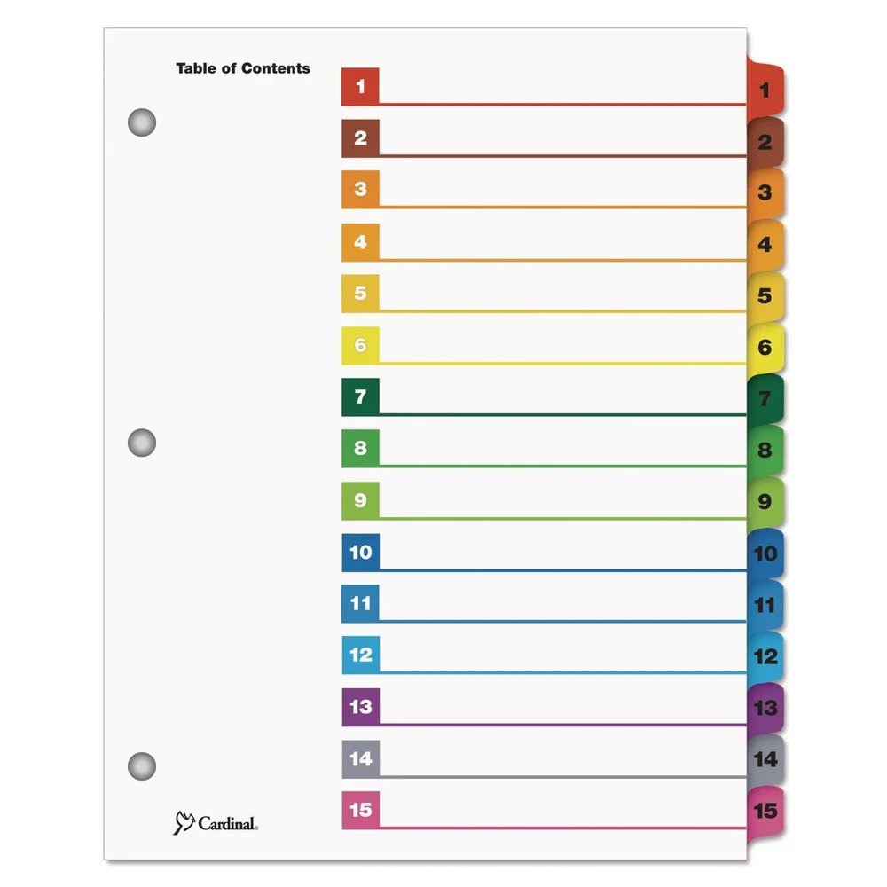 Cardinal 11 x 8.5 OneStep Printable Table of Contents and 1 to 15 Dividers - White/Assorted Tabs (15/Set)