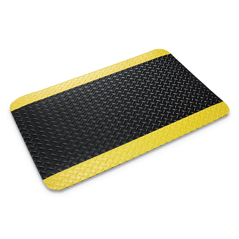 Crown 36 in. x 60 in. Industrial Deck Plate Vinyl Anti-Fatigue Mat - Black/Yellow Border