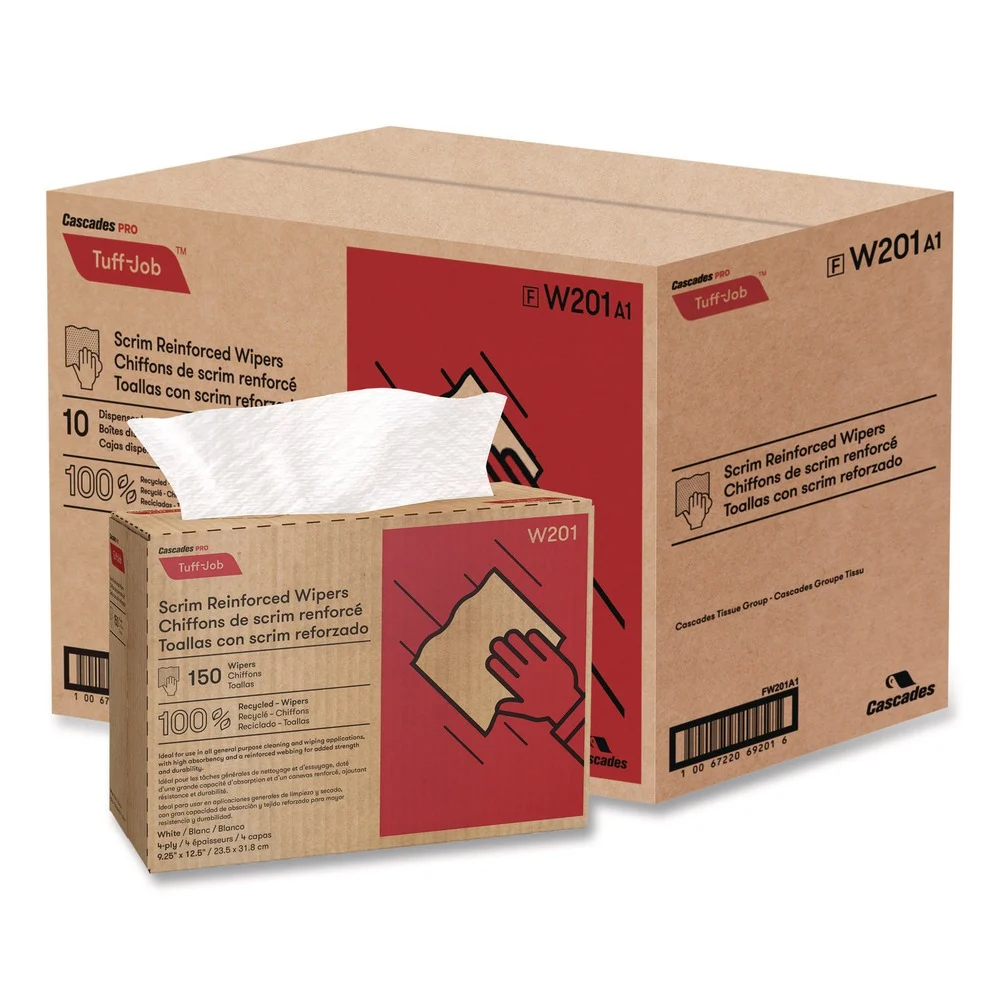 Cascades PRO 9.25 in. x 12.5 in. 4-Ply Tuff-Job Scrim Reinforced Wipers - White (10 Boxes/Carton)