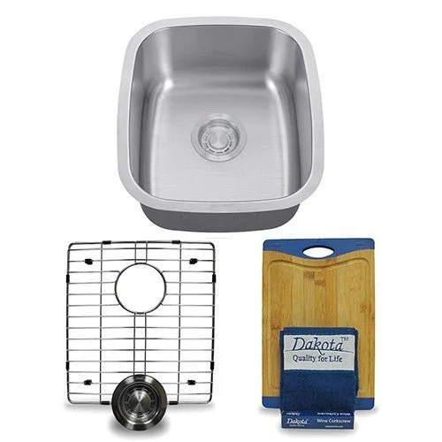Dakota Sinks DSR-1915 Signature R-Series 18 Inch Standard Radius Single Bowl Undermount Stainless Steel Kitchen Sink with Bottom Grid - Satin Brushed Nickel