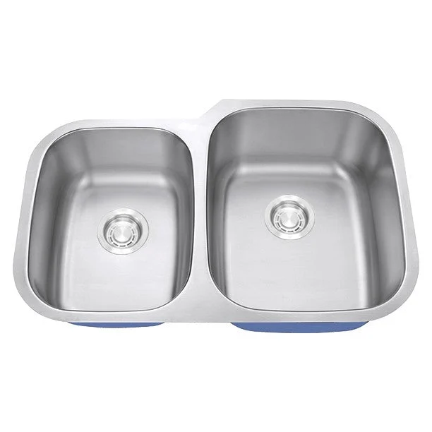 Dakota Sinks DSR-4060 Signature R-Series 32 Inch Standard Radius 40/60 Offset Double Bowl Undermount Stainless Steel Kitchen Sink with Bottom Grid - Satin Brushed Nickel