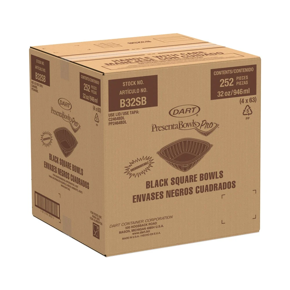 Dart B32SB PresentaBowls Pro 8.5 in. x 8.5 in. x 2 in. 32 oz. Plastic Square Bowls - Black (4/Carton)
