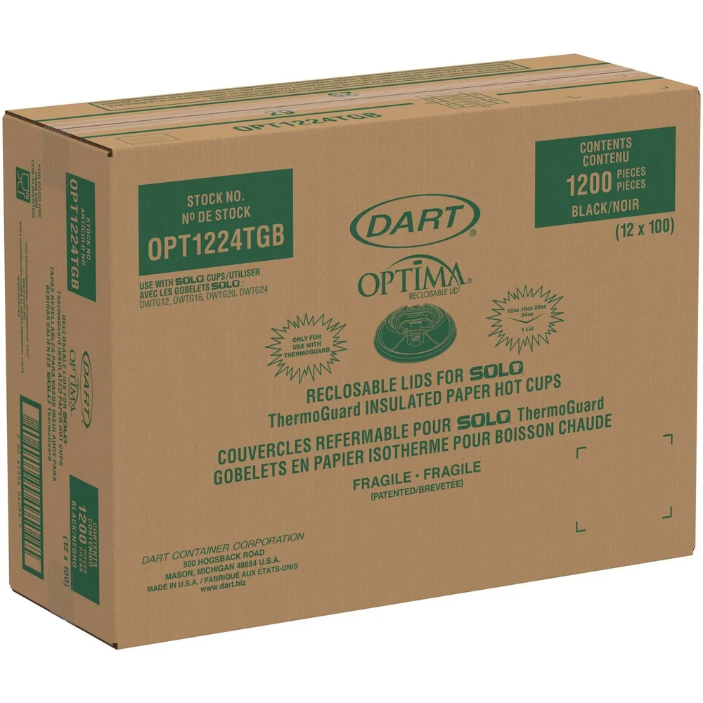 Dart OPT1224TGB Optima Reclosable Lids for Hot Paper Cups Fits 12 oz. to 24 oz. Hot Paper Cups - Black (1200/Carton)