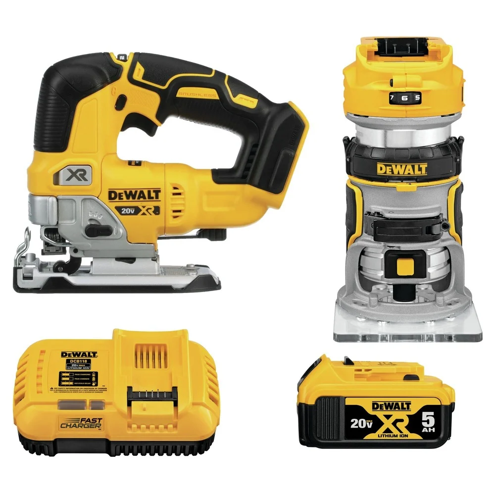 Dewalt 20V MAX XR Brushless Lithium-Ion Cordless Jig Saw and Compact Router Woodworking Combo Kit (5 Ah)