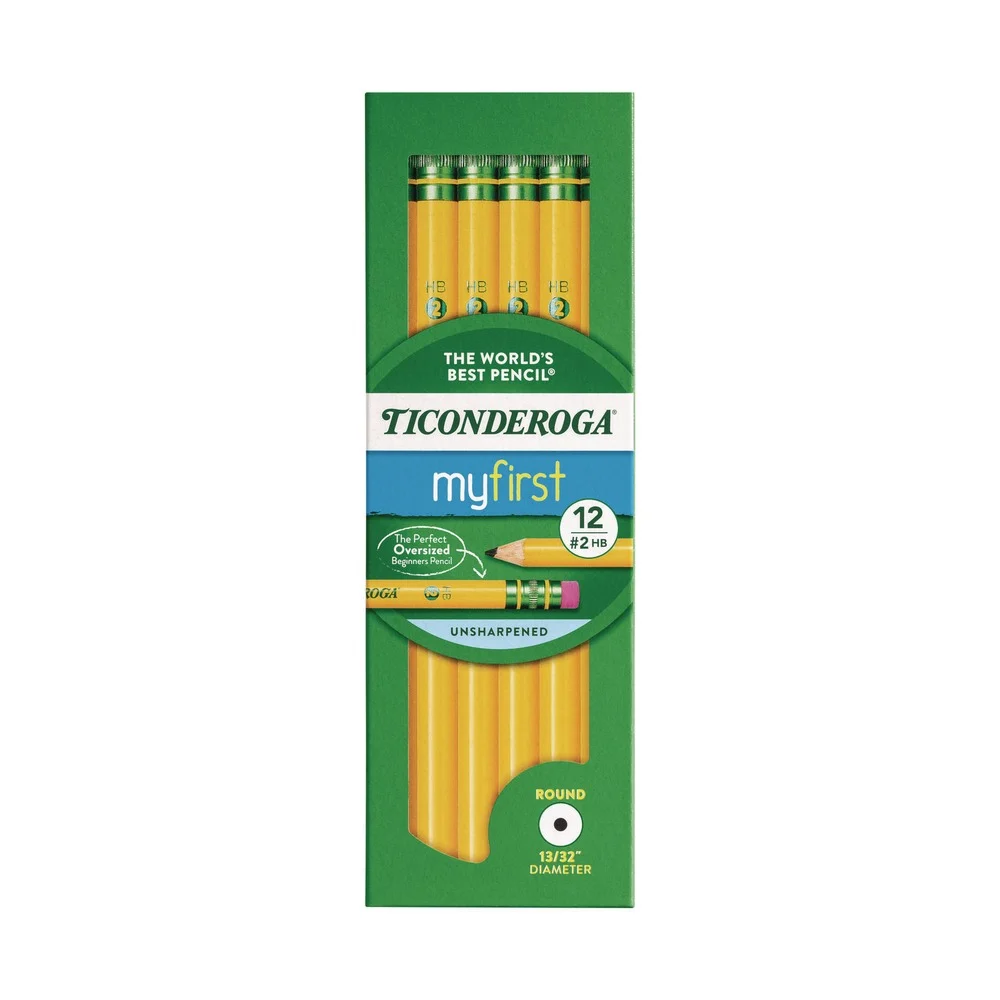 Dixon Ticonderoga Beginners HB (#2) Woodcase Pencil with Eraser and Microban - Black Lead/Yellow Barrel (12/Pack)