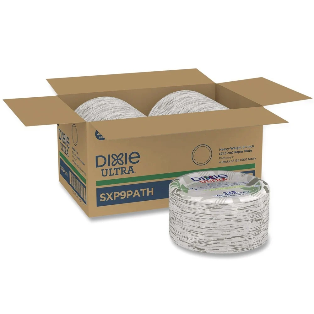 Dixie SXP9PATH Pathways 8.5 in. Diameter Heavyweight WiseSize Paper Plates with Soak Proof Shield - Green/Burgundy (500/Carton)