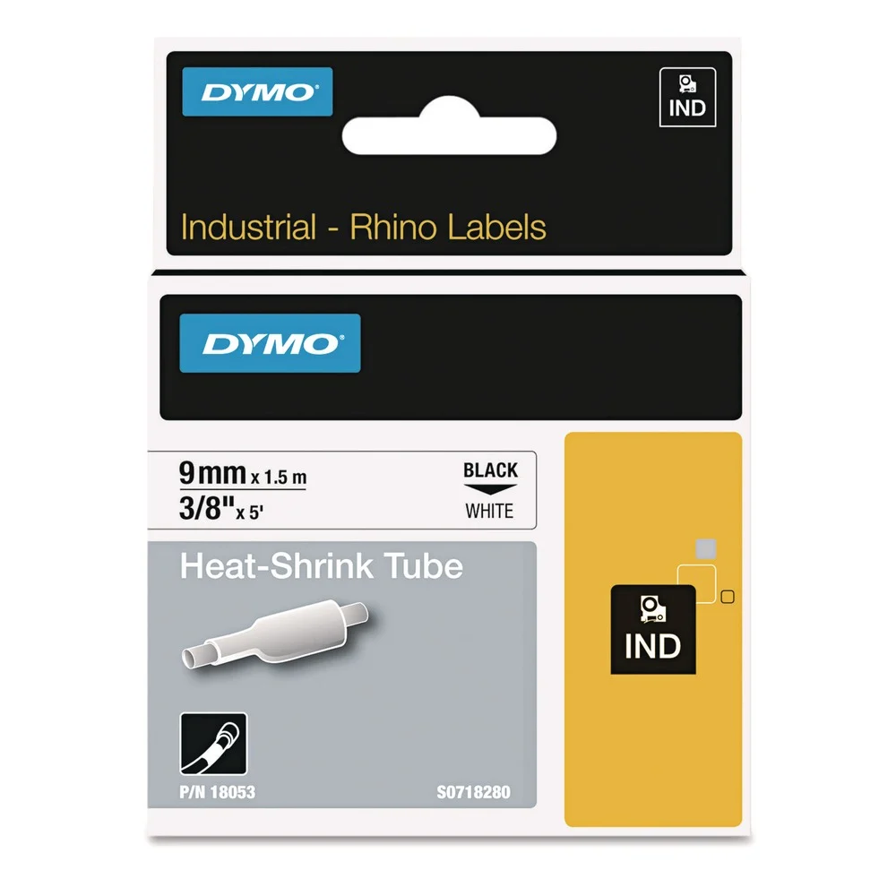 DYMO 18053 Rhino 0.37 in. x 5 ft. Heat Shrink Tubes Industrial Label Tape - White/Black Print (1-Roll)