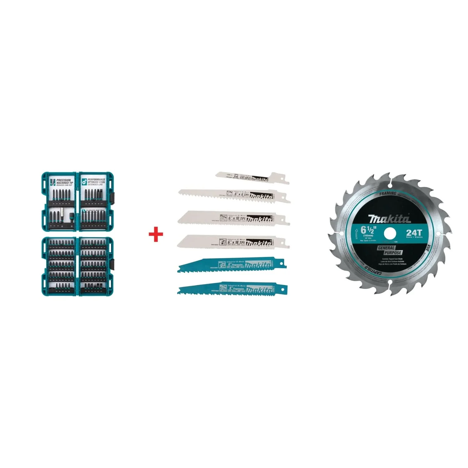 Makita ImpactX 100 Pc. Driver Bit Set with 6 Pc. Recip Blade Assortment Pack and 6-1/2" 24T Carbide-Tipped Circular Saw Blade