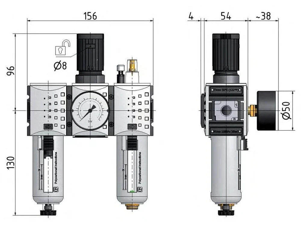 FRL 3-Part G3/8'' 1750 l/min 0.1-2.0bar/1-29psi Auto Polycarbonate Futura 1
