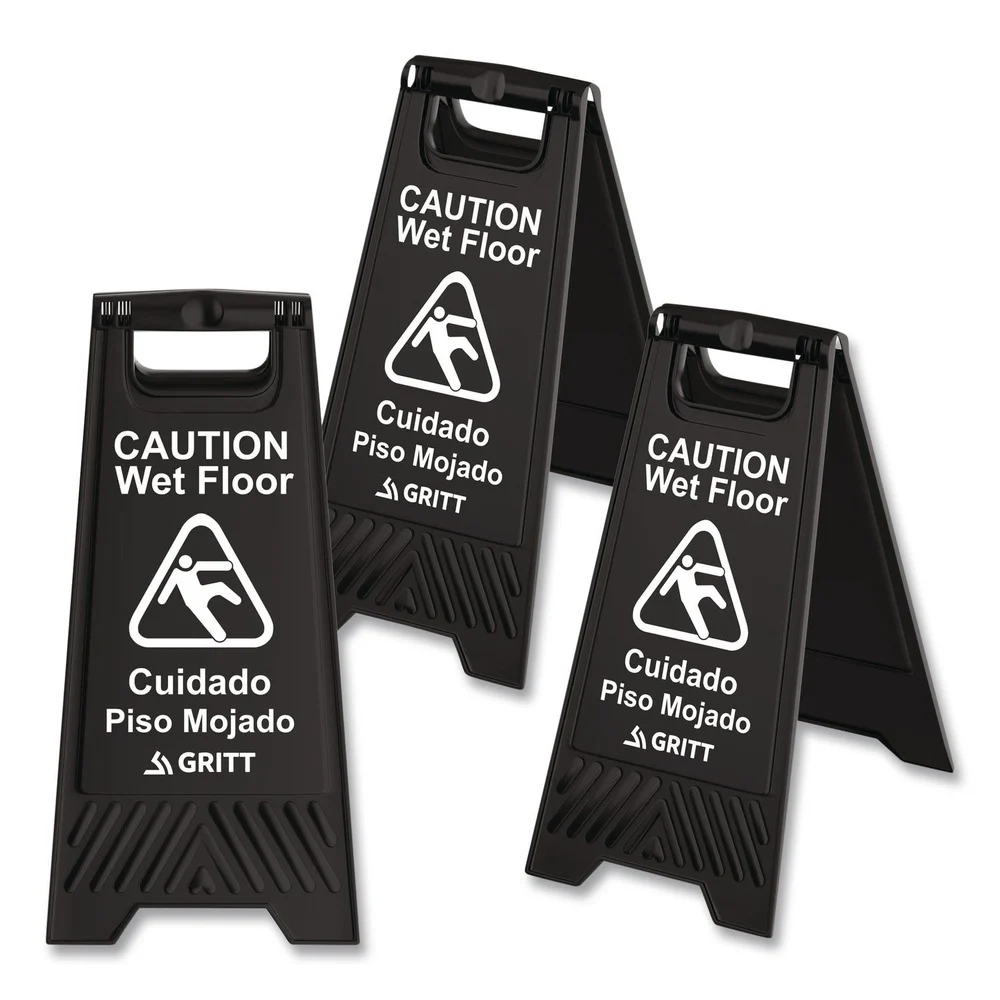 Gritt Commercial 11.8 in. x 12 in. x 24 in. Caution Wet Floor Sign - Black (3/Carton)