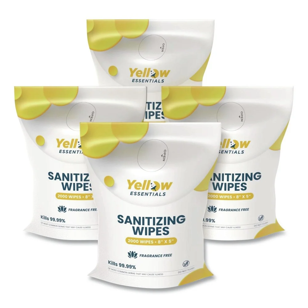 Gritt Commercial Yellow Essentials Sanitizing Wipes, 5 x 8, Unscented, White, 2,000/Refill Bag, 4 Refill Bags/Carton