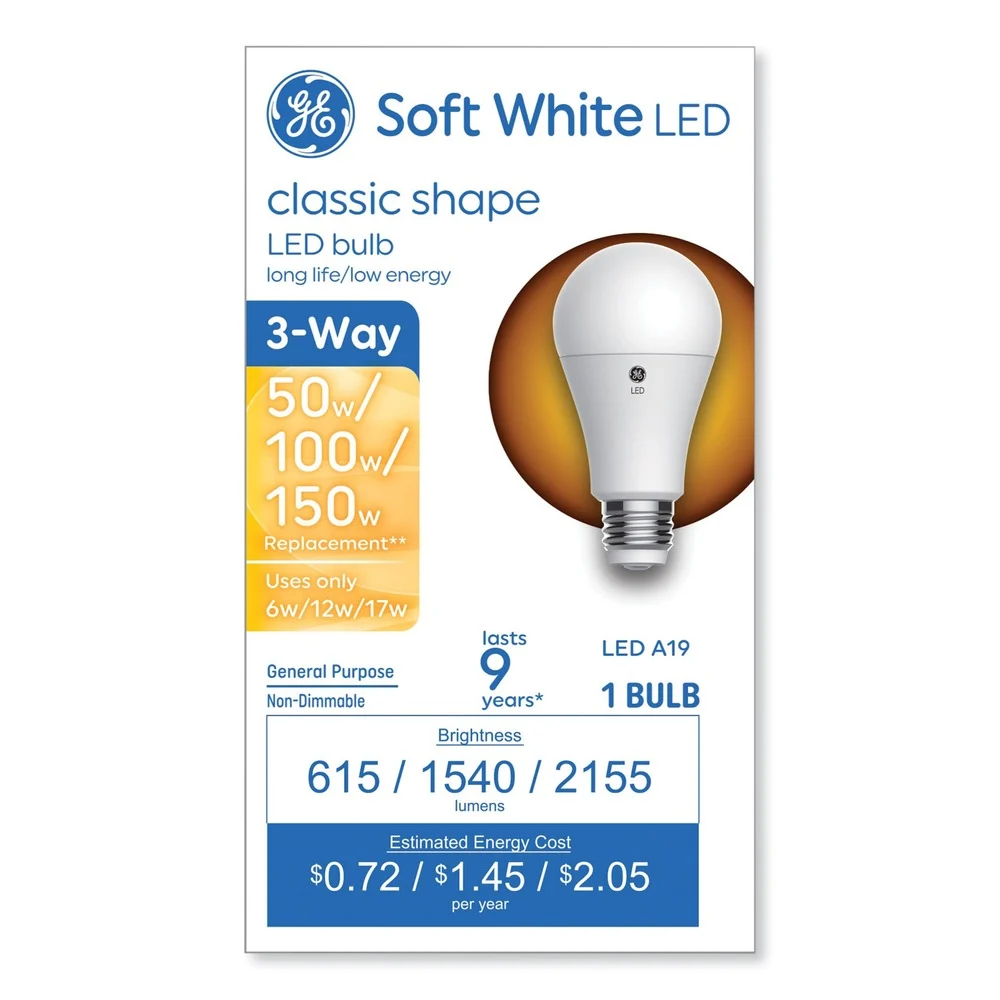 GE 93130566 6 Watts/12 Watts/17 Watts 3-Way A19 Classic LED SW Non-Dim Light Bulb - Soft White (1/Pack)
