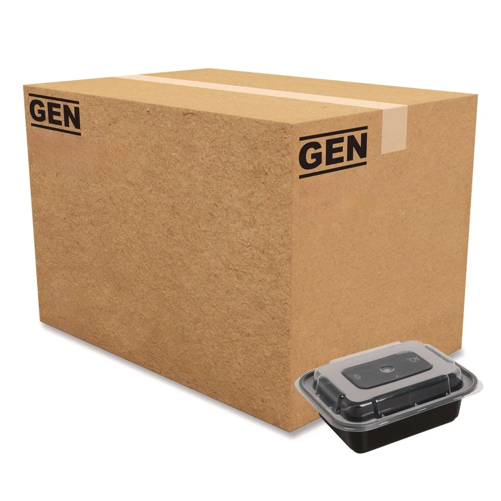 GEN FCPP-BC-12RECT 5.78 in. x 4.52 in. x 2.24 in. 12 oz. Plastic Microwavable Food Container with Lid - Rectangular Black/Clear (150/Carton)