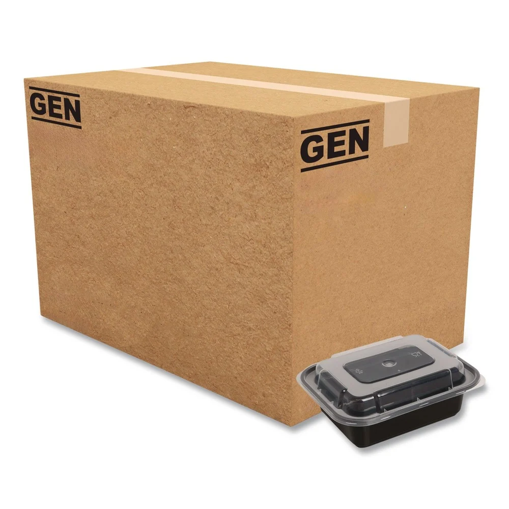 GEN FCPP-BC-32RECT 8.81 in. x 6.02 in. x 2.24 in. 32 oz. Plastic Microwavable Food Container with Lid - Rectangular Black/Clear (150/Carton)