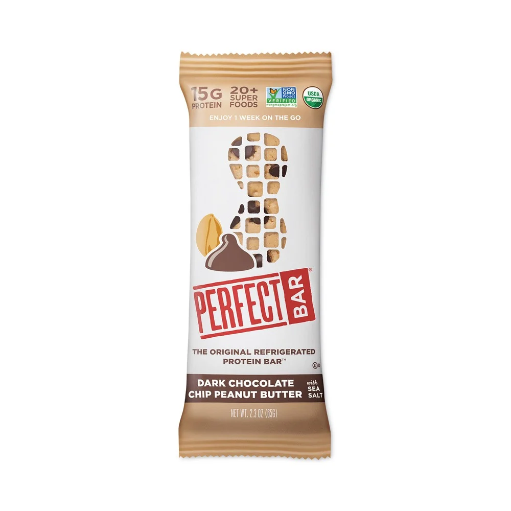 Perfect Bar 110622 2.3 oz. Refrigerated Protein Bar - Dark Chocolate Peanut Butter with Sea Salt (16/Carton)