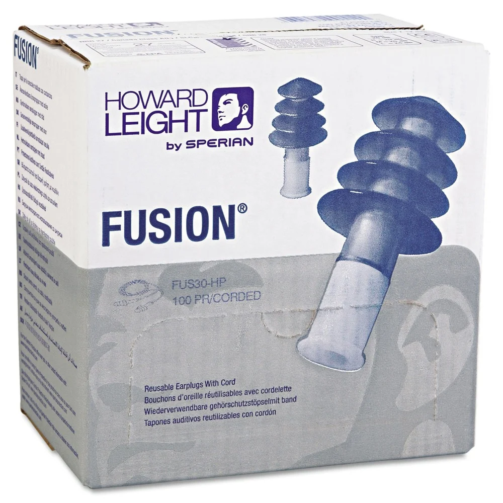 Howard Leight by Honeywell Fusion 27 dB Corded Multiple-Use Earplugs - Blue/White, Regular (100-Pair/Box)
