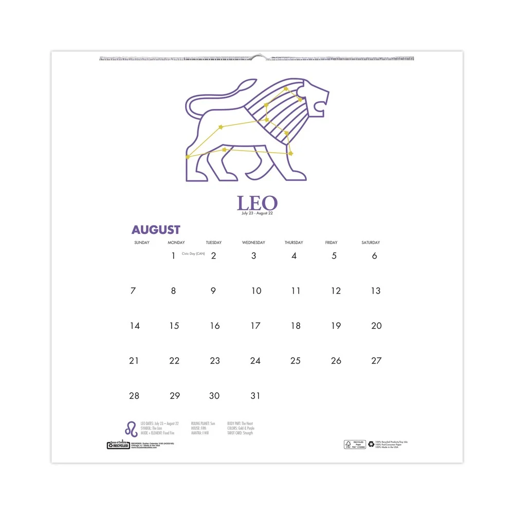 House of Doolittle 11 in. x 14 in. 12-Month (Aug 2025-Jul 2026) Recycled Academic Zodiac Wall Calendar - Multicolor Sheets