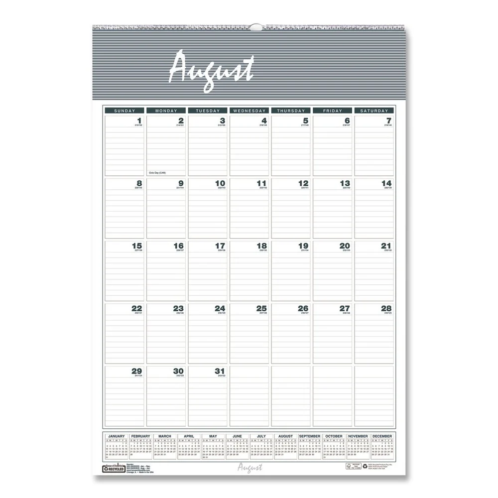 House of Doolittle 352 12-Month (Aug-July): 2025-2026 12 in. x 17 in. Academic Year Bar Harbor Recycled Wirebound Monthly Wall Calendar - White/Blue Sheets