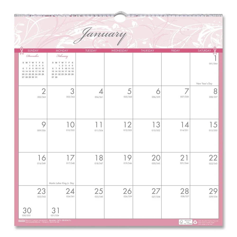 House of Doolittle 3671 12-Month (Jan-Dec): 2026 12 in. x 12 in. Breast Cancer Awareness Artwork Recycled Monthly Wall Calendar - White/Pink/Gray Sheets