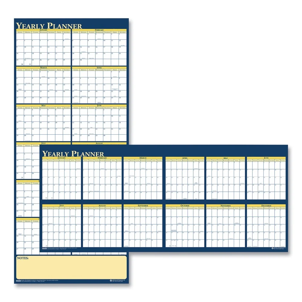House of Doolittle 3974 12-Month (Jan to Dec): 2026 60 in. x 26 in. Recycled Reversible Yearly Wall Planner - White/Blue/Yellow Sheets