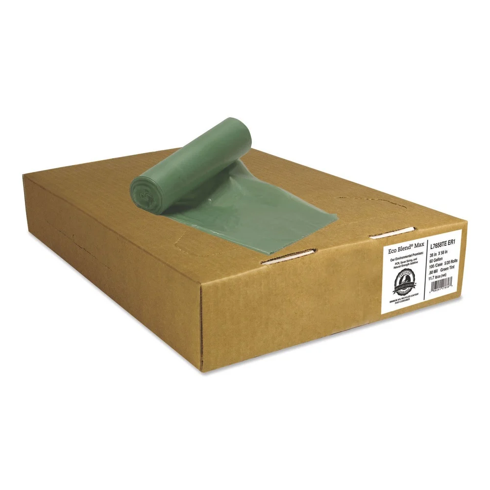 Heritage L7658TE ER1 Eco Blend Max 38 in. x 58 in. 0.8 mil 60 Gallon Can Liners - Green (20 Bags/Roll, 5 Rolls/Carton)