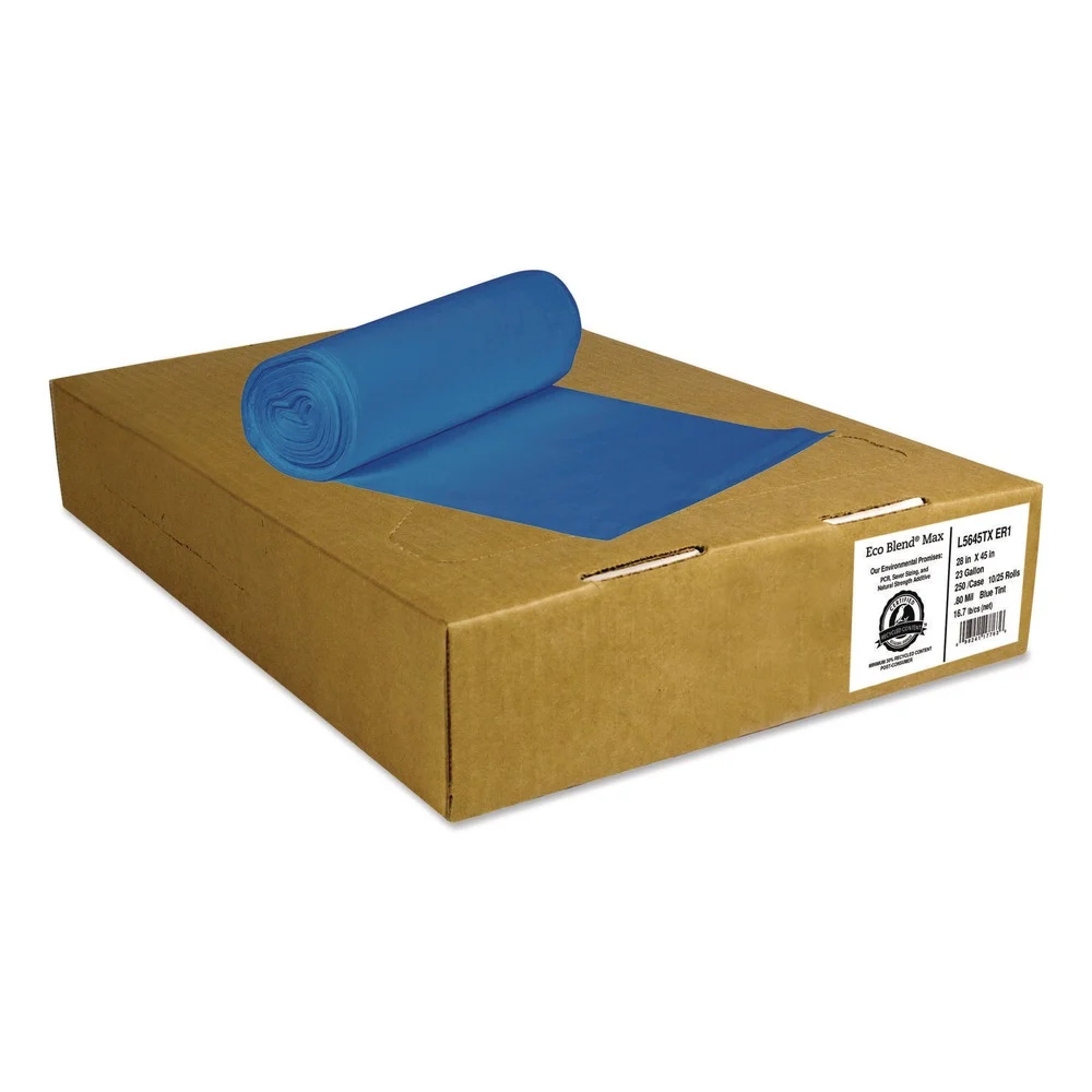Heritage Eco Blend Max 38 in. x 58 in. 60 Gallon 0.8 mil Can Liners - Blue (100/Carton)