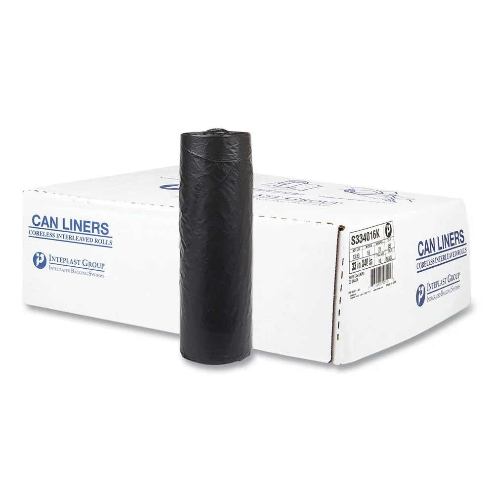 Inteplast Group S334016K 33 in. x 40 in. 16 mic 33 Gallon High-Density Commercial Can Liners - Black (250/Carton)