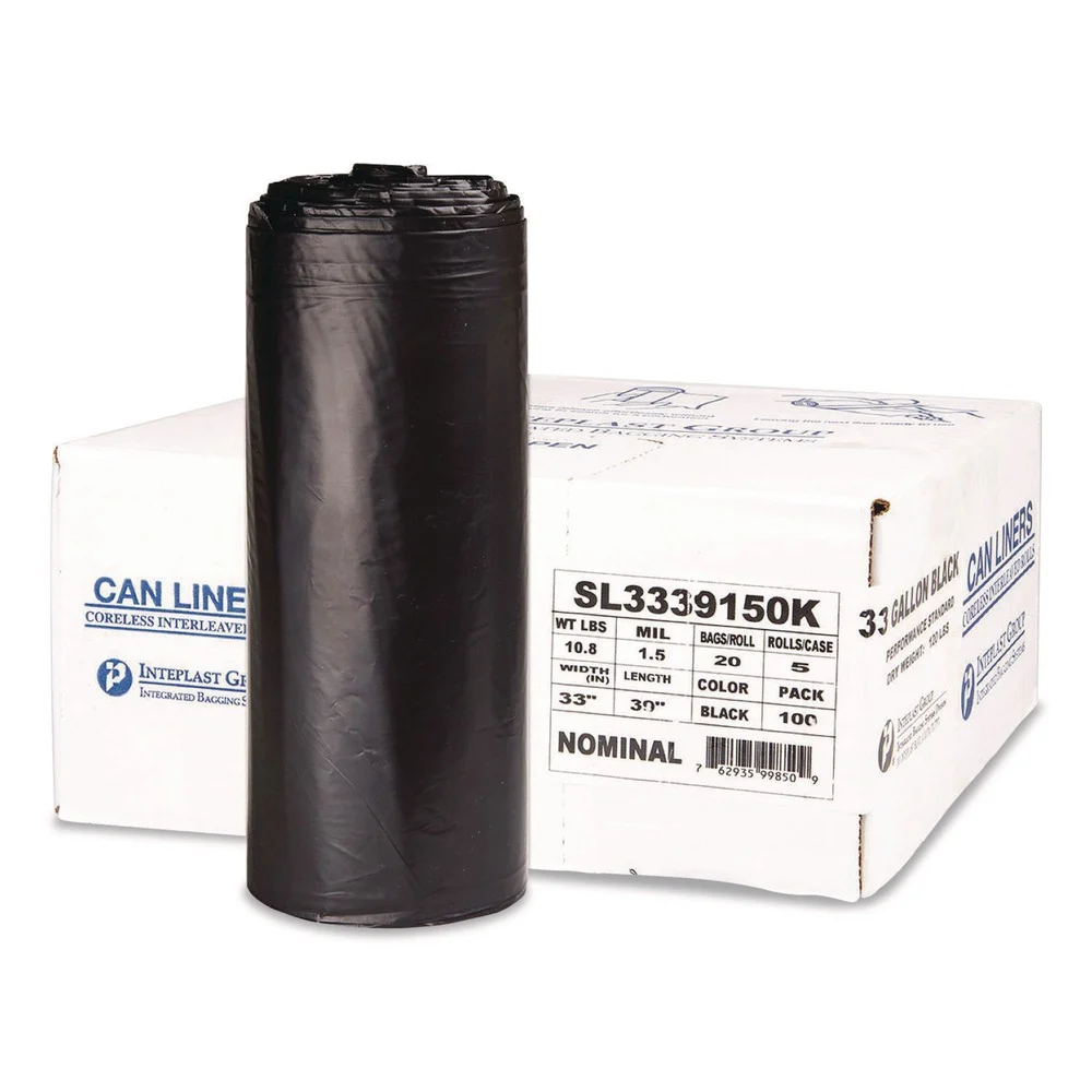 Inteplast Group Low-Density Commercial Can Liners 33 gal 1.5 mil 33-in x 39-in Black Interleaved Roll 20 Bags/Roll 5 Rolls/Carton