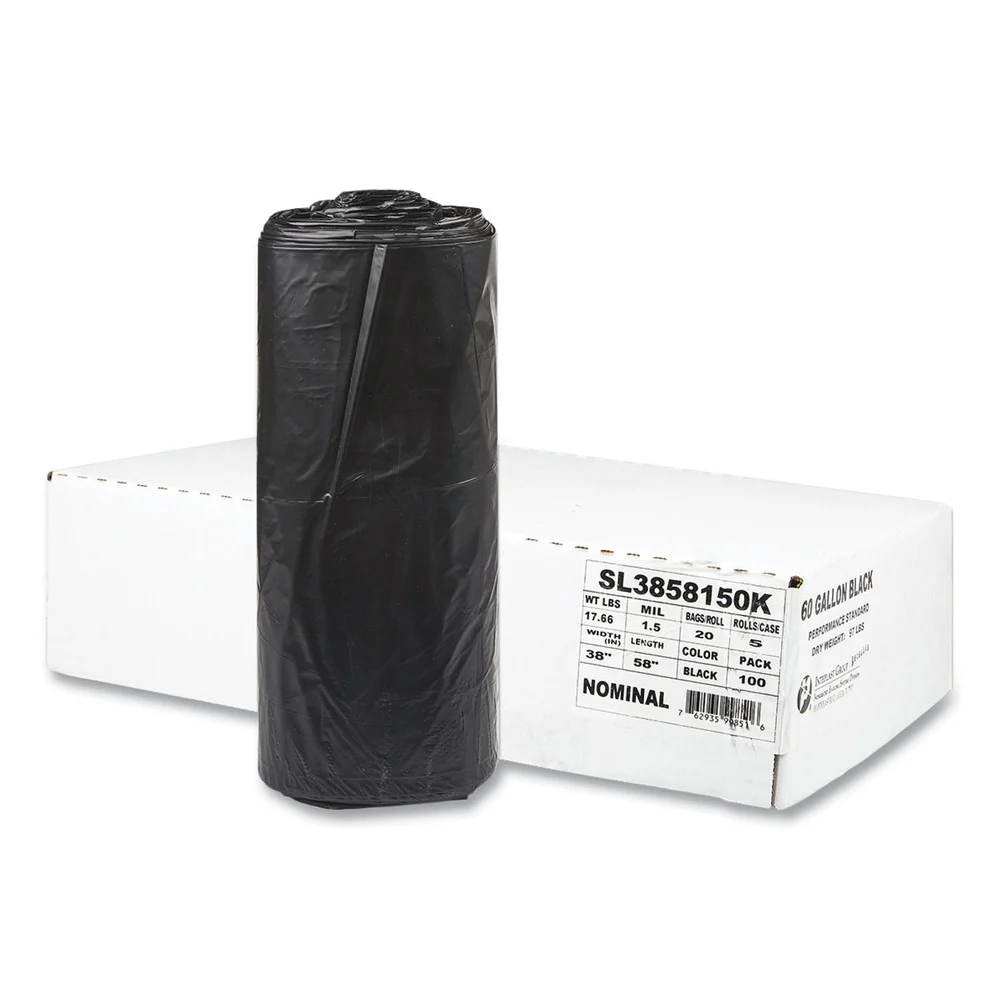 Inteplast Group 38 in. x 58 in. 1.5 mil 60 gal Interleaved Roll Low-Density Commercial Can Liners - Black (20 Bags/Roll, 5 Rolls/Carton)