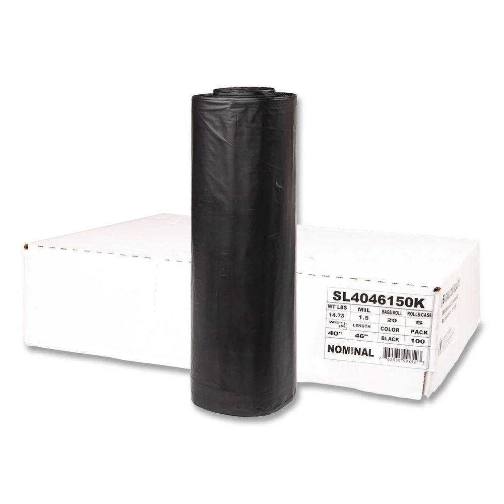 Inteplast Group 40 in. x 46 in. 45-Gallon 1.5 mil. Interleaved Roll Institutional Low-Density Can Liners - Black (5-Rolls/Carton)