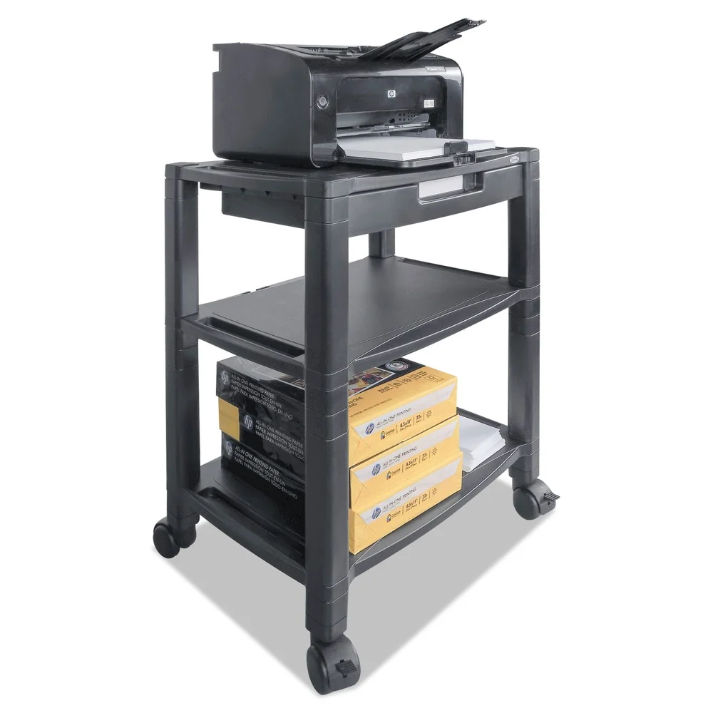 Kantek 20 in. x 13.25 in. x 24.5 in. 60 lbs. Capacity 1 Drawer 3 Shelves Plastic Height-Adjustable Deskside Printer Cart - Black