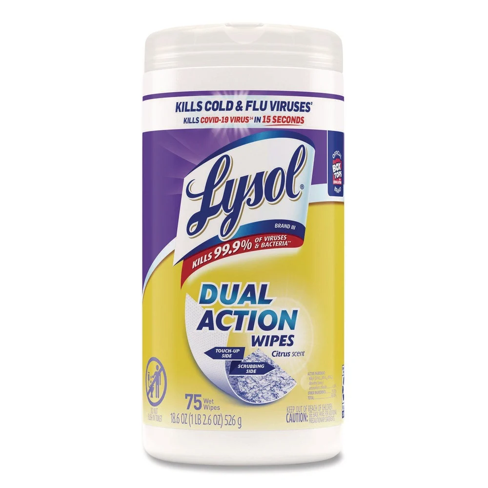LYSOL Brand 7 in. x 7.5 in. 1-Ply Dual Action Disinfecting Wipes - Citrus Scent White/Purple