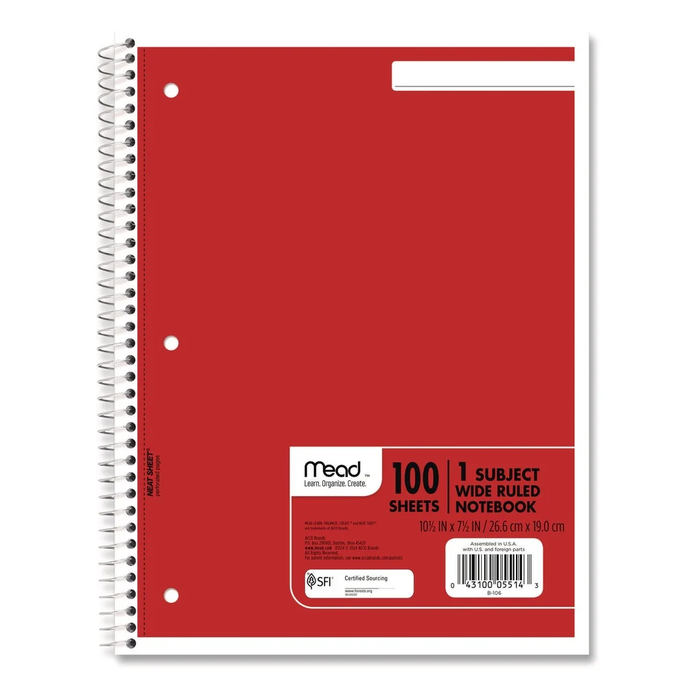 Mead (100) 10.5 in. x 7.5 in. Sheets 1-Subject Wide/Legal Rule Spiral Notebook - Randomly Assorted Cover Color