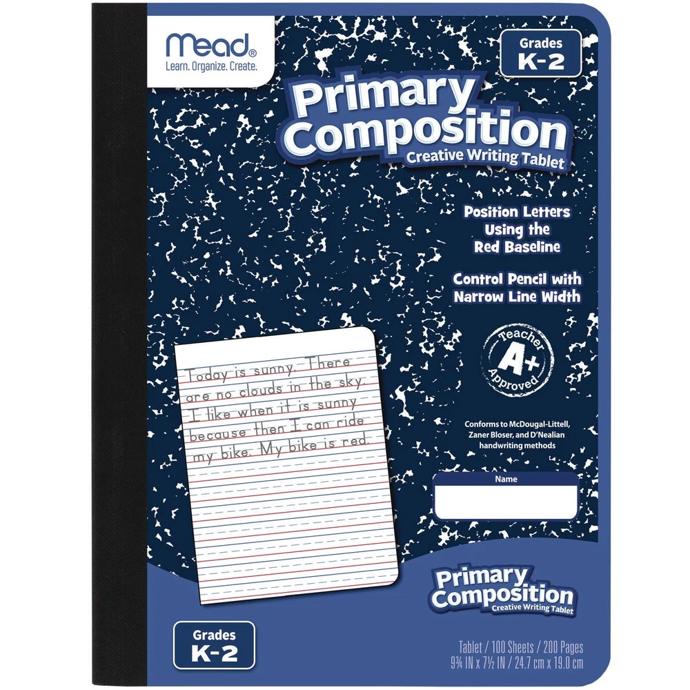 Mead 100 Sheets 9.75 in. x 7.5 in. Manuscript Format Primary Journal Creative Writing Composition Book - Blue/Black/White Cover