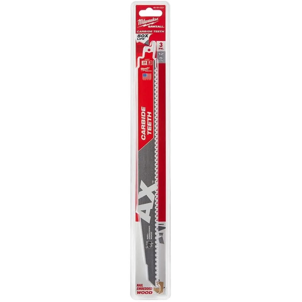Milwaukee 48-00-5327 THE AX with Carbide Teeth Recip Saw Blade 5-TPI 12" 3-Pack