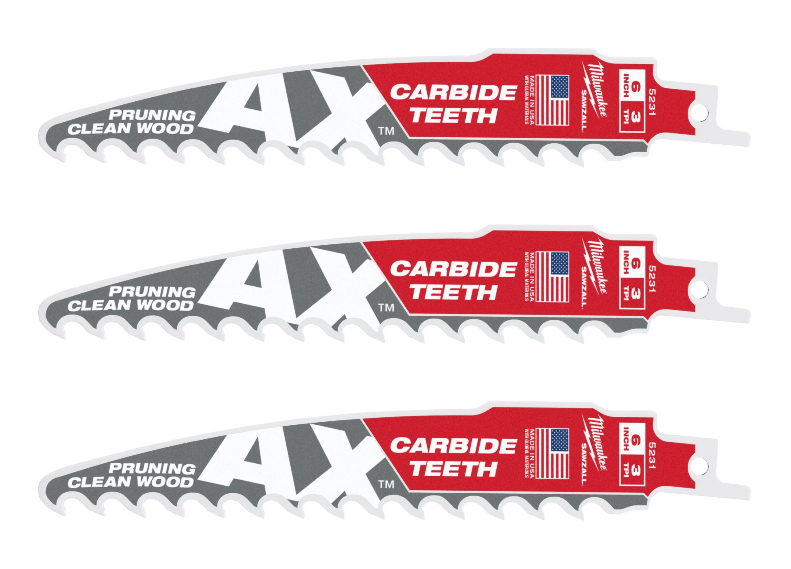 Milwaukee 6-Inch 3-TPI The AX with Carbide Teeth for Pruning & Clean Wood SAWZALL Reciprocating Saw Blade, 3-Pack