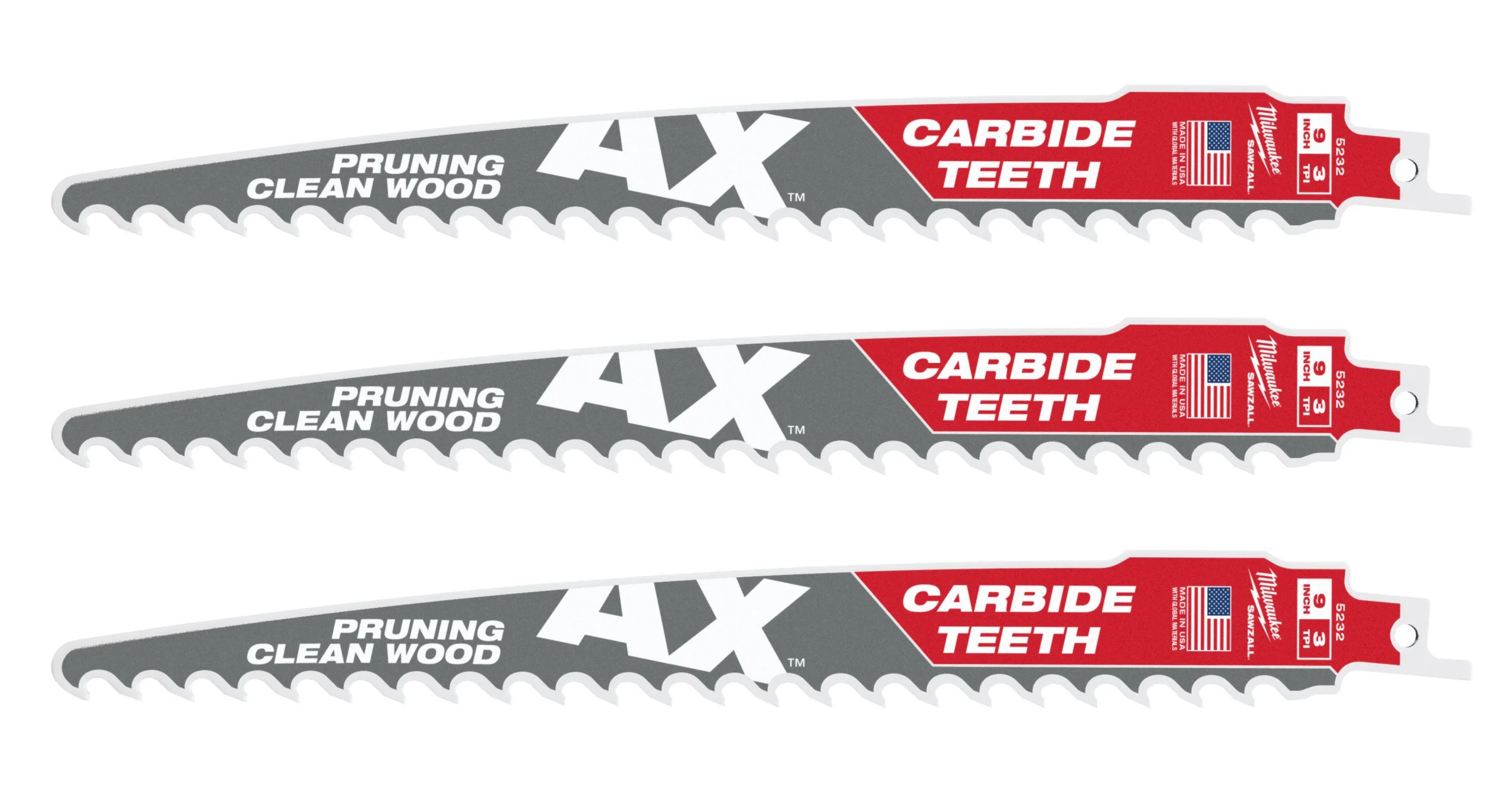 Milwaukee 9-Inch 3-TPI The AX with Carbide Teeth for Pruning & Clean Wood SAWZALL Reciprocating Saw Blade, 3-Pack