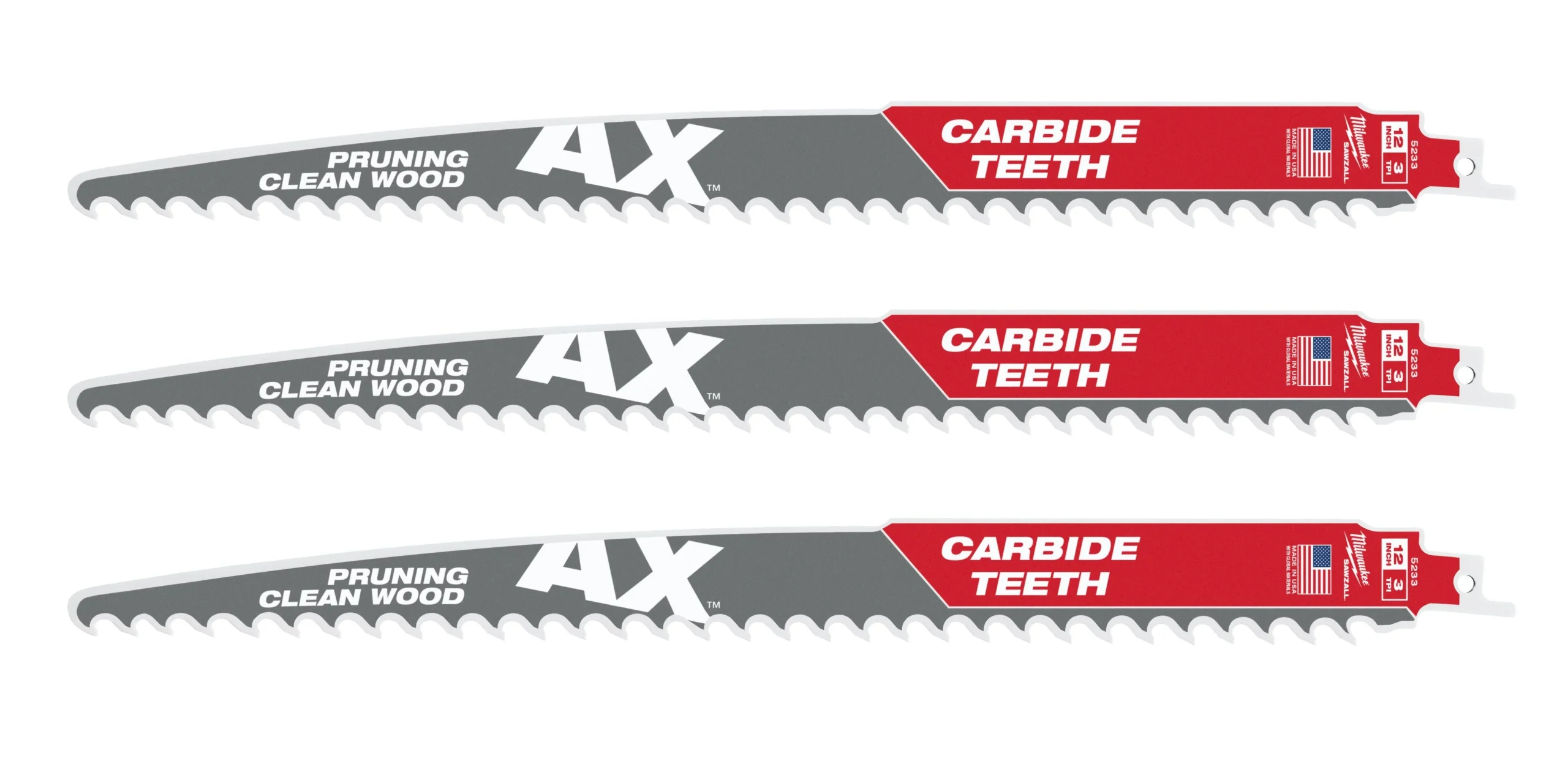 Milwaukee 12-Inch 3-TPI The AX with Carbide Teeth for Pruning & Clean Wood SAWZALL Reciprocating Saw Blade, 3-Pack