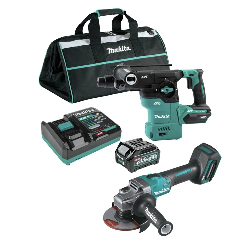 Makita 40V max XGT Brushless Lithium-Ion 1‑3/16 in. Cordless SDS‑Plus Rotary Hammer and 4‑1/2 in./5 in. Angle Grinder Kit Virtual Bundle (4 Ah)