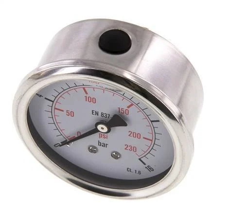 0..16 Bar (0..232 psi) Glycerin Pressure Gauge Rear Stainless steel/Brass 63 mm Class 1.6