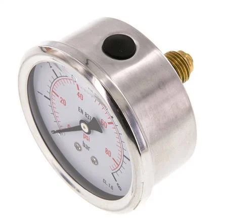 0..6 Bar (0..87 psi) Glycerin Pressure Gauge Rear Stainless steel/Brass 63 mm Class 1.6